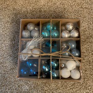 99 MINIATURE CHRISTMAS ORNAMENTS BLUE, SILVER, AND WHITE  #500